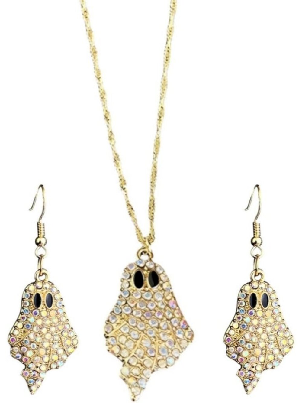 Women’s White Ghost Rhinestone Sparkly Halloween Pumpkin Ghost Necklace Earring